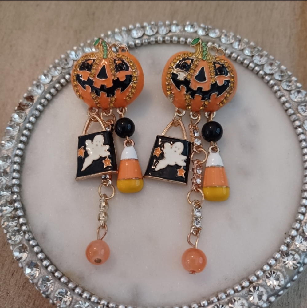 Orange Jack-o-lantern Halloween Candy Rhinestone Dangle Drop Stud Earrings